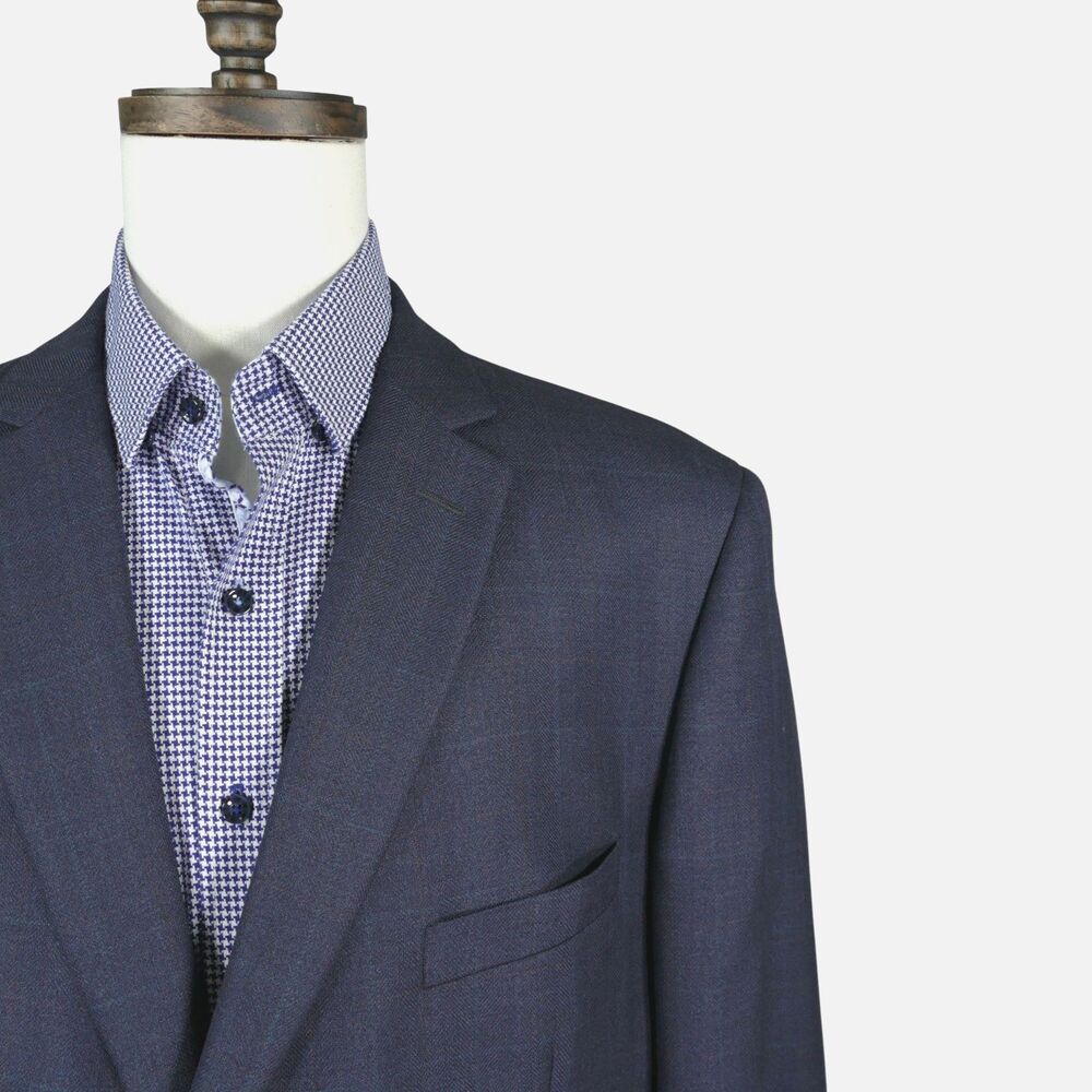 Joseph & Feiss Gold Sport Coat Blazer 50R Blue Herringbone Windowpane Wool